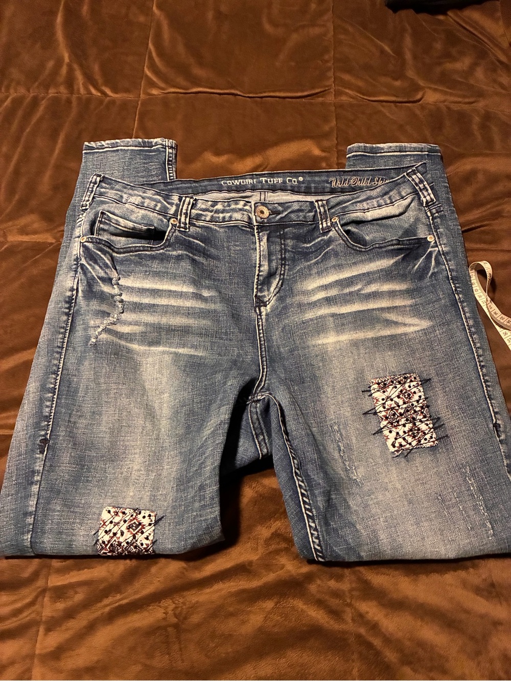 Cowgirl Tuff Women's Light Blue Distressed Patch Jeans, size 36 waist 31 length